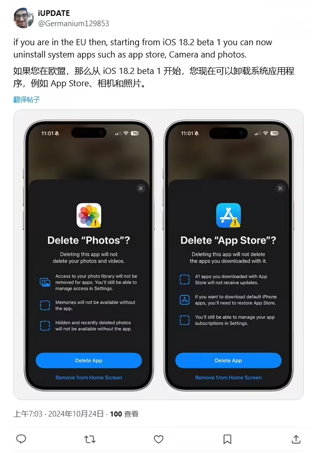 杨林尾镇苹果手机维修分享iOS 18.2 支持删除 App Store 应用商店 