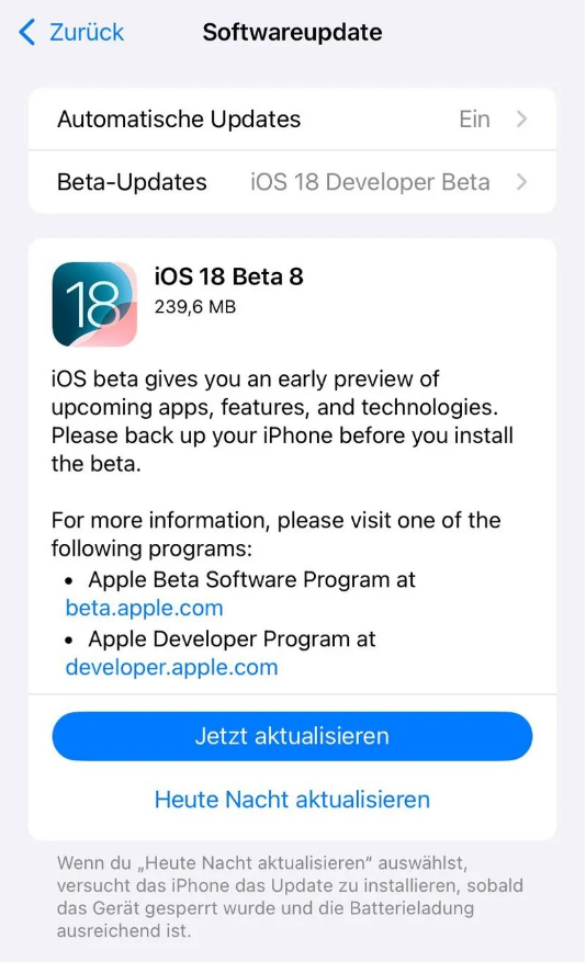 杨林尾镇苹果手机维修分享苹果 iOS / iPadOS 18 开发者预览版 Beta 8 发布 